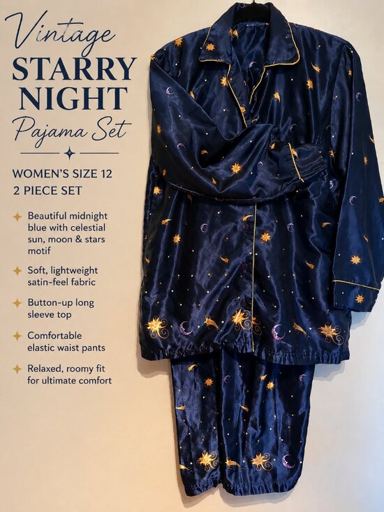 Other - Vintage Celestial Moon Stars Satin Pajama Set Navy Blue gold Witchy W. Size 12